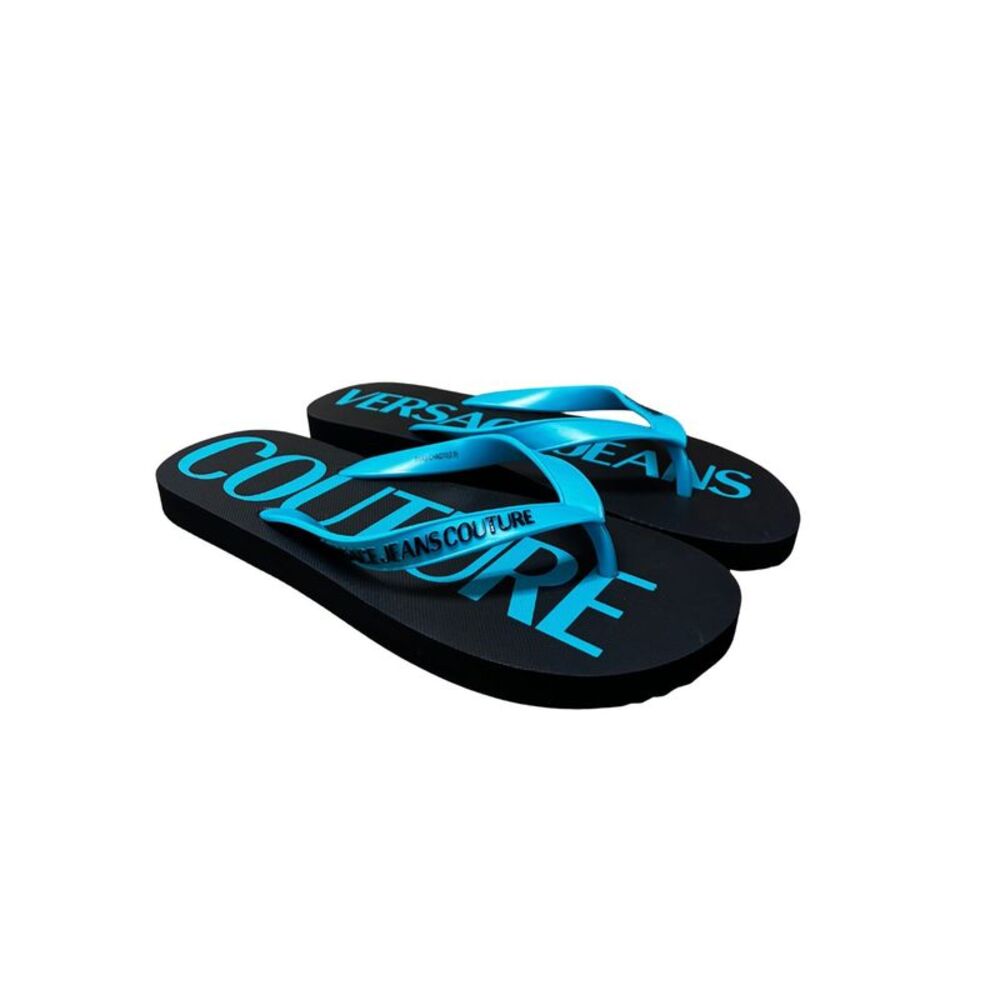 Versace Jeans Couture Mens Black / Turquoise Logo Flip-Flops
